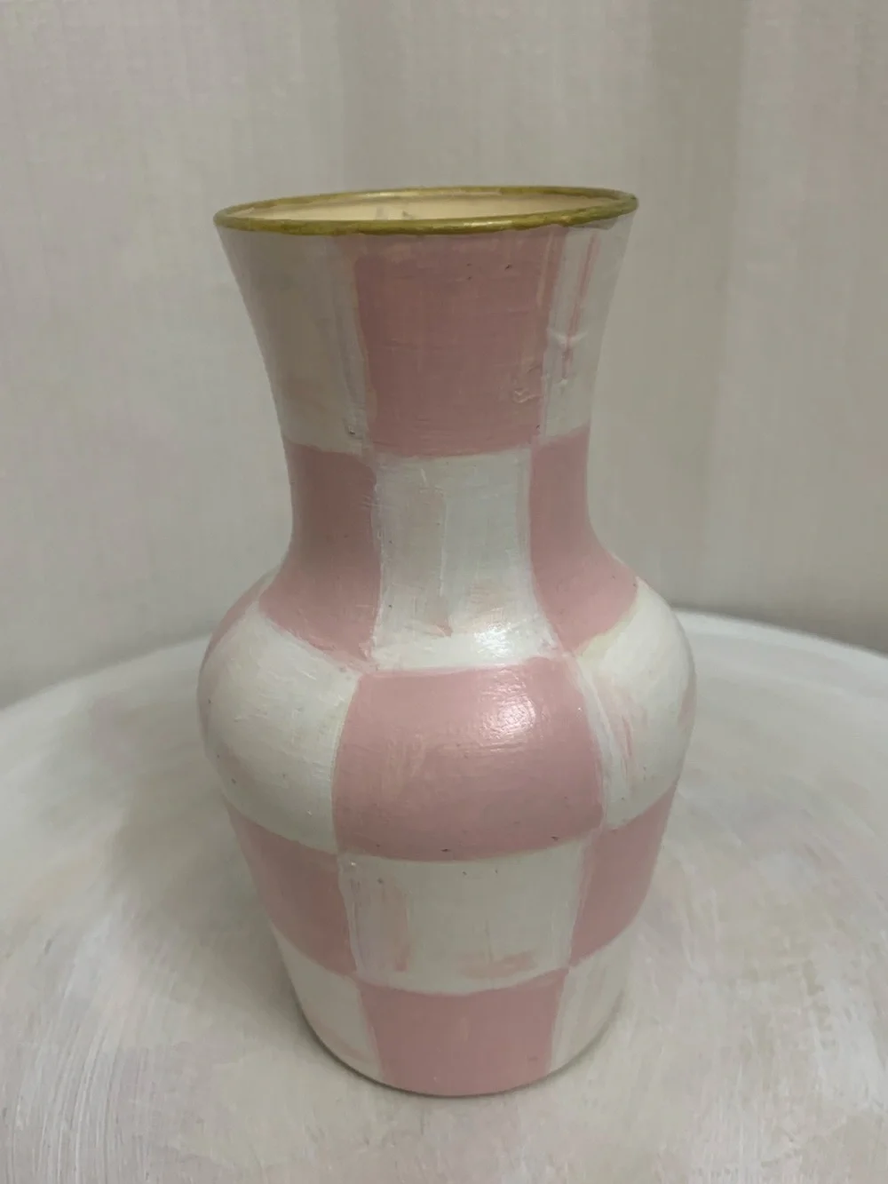 Ceramic Bud Vase Hand Painted Pink and White Rosy Check Design